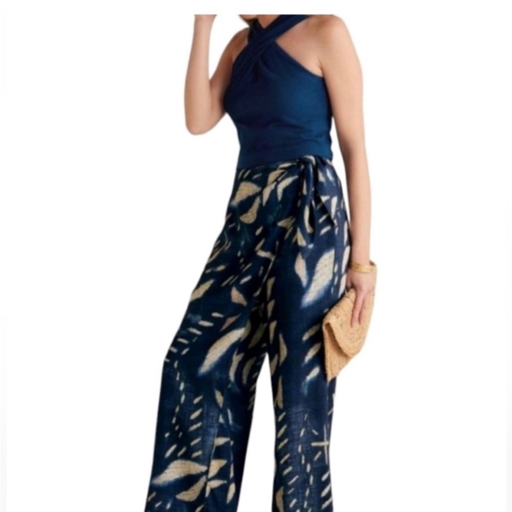 Soft Surroundings Womens Printed Wide Leg Wrap Linen Blend Pants 8 Blue Tan